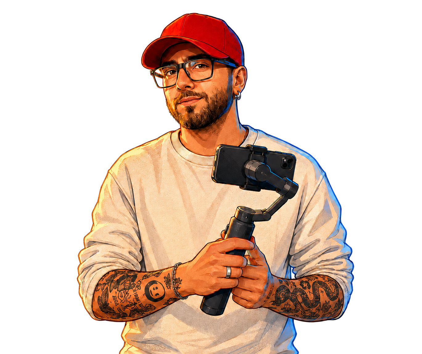 Ritratto illustrato di Filippo Rocco con la videocamera