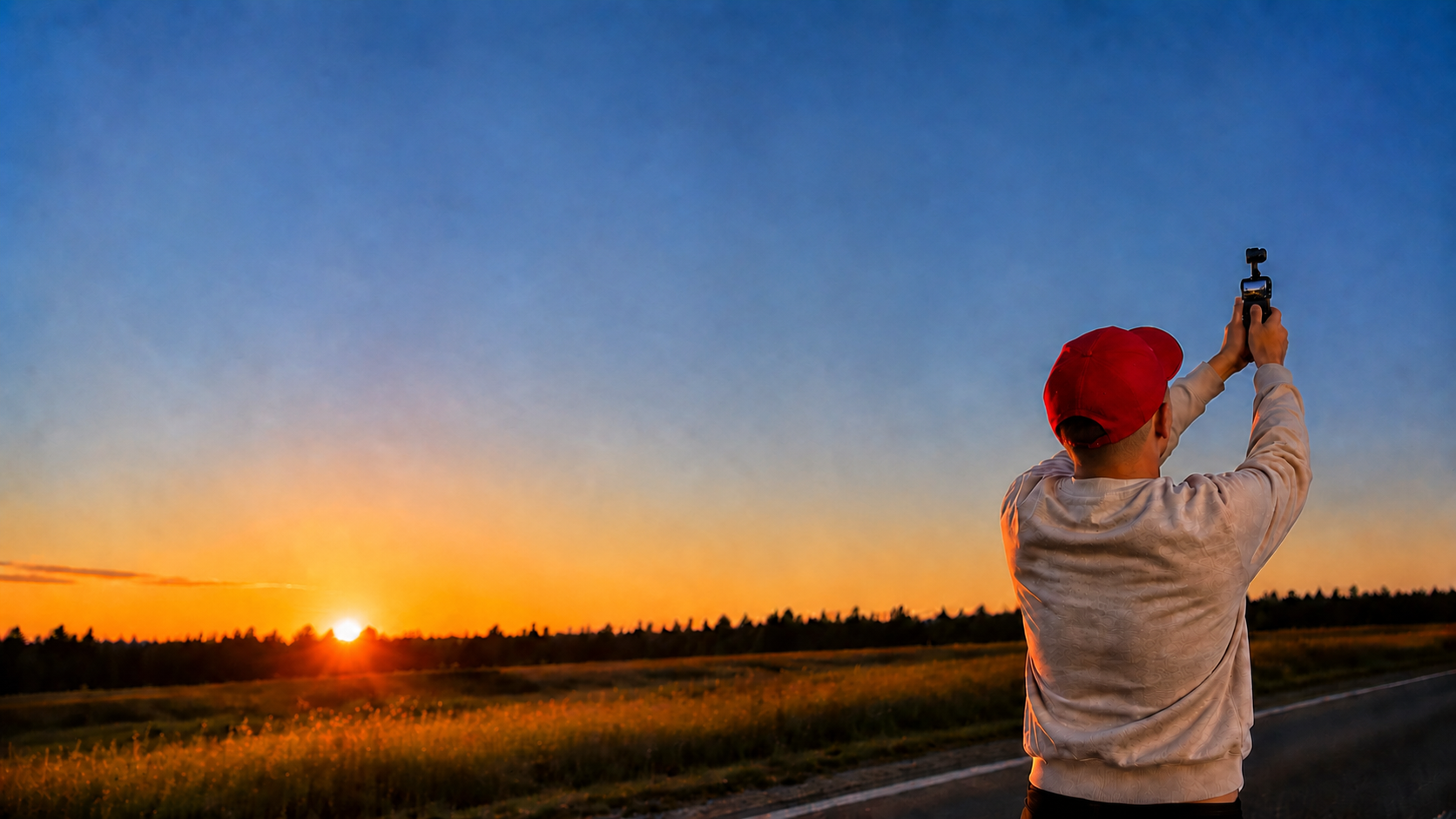 Filippo Rocco di spalle mentre riprende un tramonto con uno stabilizzatore